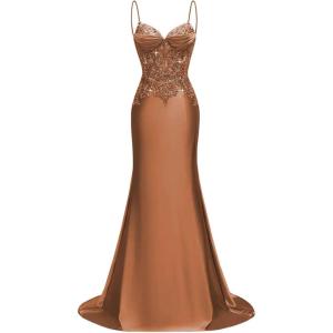 imageSilk Beaded Prom Dresses Long for Women Mermaid Formal Dresses Spaghetti Straps Evening Party GownsBrown