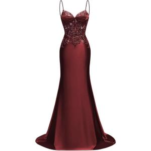 imageSilk Beaded Prom Dresses Long for Women Mermaid Formal Dresses Spaghetti Straps Evening Party GownsBurgundy
