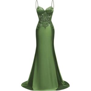 imageSilk Beaded Prom Dresses Long for Women Mermaid Formal Dresses Spaghetti Straps Evening Party GownsOlive