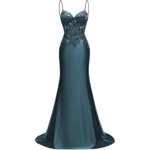 imageSilk Beaded Prom Dresses Long for Women Mermaid Formal Dresses Spaghetti Straps Evening Party GownsPeacock