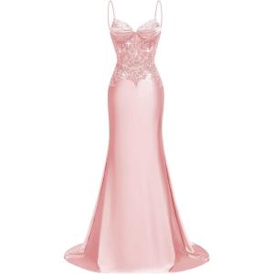 imageSilk Beaded Prom Dresses Long for Women Mermaid Formal Dresses Spaghetti Straps Evening Party GownsPink