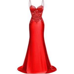 imageSilk Beaded Prom Dresses Long for Women Mermaid Formal Dresses Spaghetti Straps Evening Party GownsRed