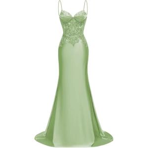 imageSilk Beaded Prom Dresses Long for Women Mermaid Formal Dresses Spaghetti Straps Evening Party GownsSage