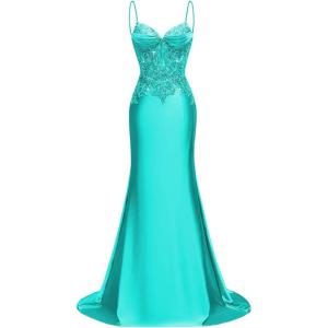 imageSilk Beaded Prom Dresses Long for Women Mermaid Formal Dresses Spaghetti Straps Evening Party GownsTurquoise