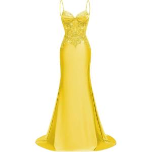imageSilk Beaded Prom Dresses Long for Women Mermaid Formal Dresses Spaghetti Straps Evening Party GownsYellow