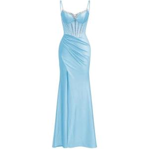 imagehomdor Silk Satin Prom Dresses Long Spaghetti Strap Bridesmaid Dresses Beaded Formal Evening Party Dress with SlitAqua