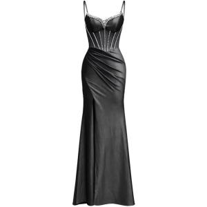 imagehomdor Silk Satin Prom Dresses Long Spaghetti Strap Bridesmaid Dresses Beaded Formal Evening Party Dress with SlitBlack