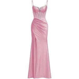 imagehomdor Silk Satin Prom Dresses Long Spaghetti Strap Bridesmaid Dresses Beaded Formal Evening Party Dress with SlitDusty Pink