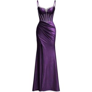imagehomdor Silk Satin Prom Dresses Long Spaghetti Strap Bridesmaid Dresses Beaded Formal Evening Party Dress with SlitGrape