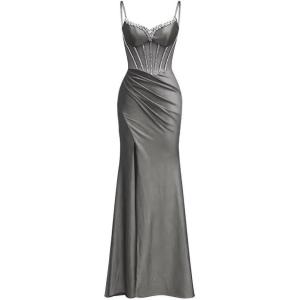 imagehomdor Silk Satin Prom Dresses Long Spaghetti Strap Bridesmaid Dresses Beaded Formal Evening Party Dress with SlitGrey