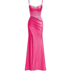 imagehomdor Silk Satin Prom Dresses Long Spaghetti Strap Bridesmaid Dresses Beaded Formal Evening Party Dress with SlitHot Pink