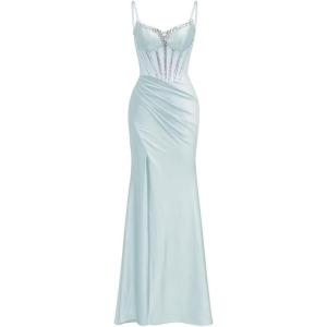 imagehomdor Silk Satin Prom Dresses Long Spaghetti Strap Bridesmaid Dresses Beaded Formal Evening Party Dress with SlitMint