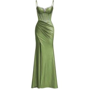 imagehomdor Silk Satin Prom Dresses Long Spaghetti Strap Bridesmaid Dresses Beaded Formal Evening Party Dress with SlitOlive
