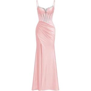 imagehomdor Silk Satin Prom Dresses Long Spaghetti Strap Bridesmaid Dresses Beaded Formal Evening Party Dress with SlitPink