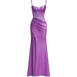 imagehomdor Silk Satin Prom Dresses Long Spaghetti Strap Bridesmaid Dresses Beaded Formal Evening Party Dress with SlitPurple