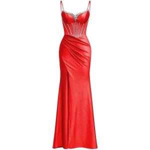 imagehomdor Silk Satin Prom Dresses Long Spaghetti Strap Bridesmaid Dresses Beaded Formal Evening Party Dress with SlitRed