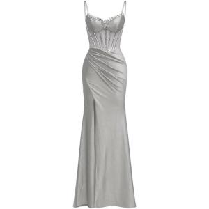 imagehomdor Silk Satin Prom Dresses Long Spaghetti Strap Bridesmaid Dresses Beaded Formal Evening Party Dress with SlitSilver