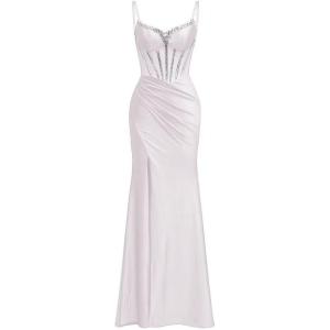 imagehomdor Silk Satin Prom Dresses Long Spaghetti Strap Bridesmaid Dresses Beaded Formal Evening Party Dress with SlitWhite