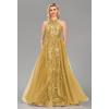 imageHalter Sequin Prom Dresses for Women Plus Size Ball Gown with Cape Sparkly Evening GownsGold