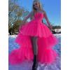 imageHigh Low Tulle Prom Dresses Long Strapless Tiered Formal Dresses A Line Evening Dress with TrainChampagne