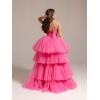 imageHigh Low Tulle Prom Dresses Long Strapless Tiered Formal Dresses A Line Evening Dress with TrainChampagne
