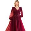 imageSequin Applique Long Sleeve Prom Dress Sparkly Tulle Ball Gown A Line V Neck Formal Evening GownsLavender