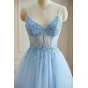 imageTulle Sequin Prom Dresses Long Ball Gown for Women Spaghetti Straps Corset Backless Evening Dress with SlitSilver