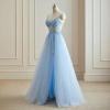 imageTulle Sequin Prom Dresses Long Ball Gown for Women Spaghetti Straps Corset Backless Evening Dress with SlitSilver