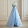 imageTulle Sequin Prom Dresses Long Ball Gown for Women Spaghetti Straps Corset Backless Evening Dress with SlitSilver