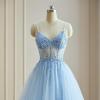 imageTulle Sequin Prom Dresses Long Ball Gown for Women Spaghetti Straps Corset Backless Evening Dress with SlitSilver