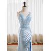 imageV Neck Satin Prom Dresses Long 2025 Mermaid Beaded Formal Dresses Pleated Evening Party Gown with SlitSilver