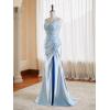 imageV Neck Satin Prom Dresses Long 2025 Mermaid Beaded Formal Dresses Pleated Evening Party Gown with SlitSilver