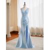 imageV Neck Satin Prom Dresses Long 2025 Mermaid Beaded Formal Dresses Pleated Evening Party Gown with SlitTurquoise