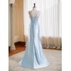 imageV Neck Satin Prom Dresses Long 2025 Mermaid Beaded Formal Dresses Pleated Evening Party Gown with SlitTurquoise