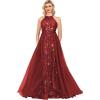 imageHalter Sequin Prom Dresses for Women Plus Size Ball Gown with Cape Sparkly Evening GownsWine Red