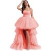 imageHigh Low Tulle Prom Dresses Long Strapless Tiered Formal Dresses A Line Evening Dress with TrainCoral