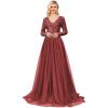 imageLong Sleeve Sequin Prom Dresses for Women A Line Ball Gown V Neck Tulle Formal Dress Sparkly Evening GownsBurgundy