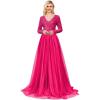 imageLong Sleeve Sequin Prom Dresses for Women A Line Ball Gown V Neck Tulle Formal Dress Sparkly Evening GownsHot Pink