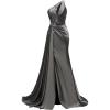 imageOne Shoulder Satin Prom Dresses Beaded Formal Dress Mermaid Evening Party DressGrey
