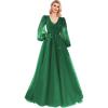 imageSequin Applique Long Sleeve Prom Dress Sparkly Tulle Ball Gown A Line V Neck Formal Evening GownsDark Green