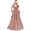 imageSequin Applique Long Sleeve Prom Dress Sparkly Tulle Ball Gown A Line V Neck Formal Evening GownsDusty Rose