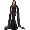 imageSparkly Sequin Prom Dreses Long Sleeve Formal Dresses with Cape Mermaid Evening Gala Dress for WomenBlack