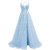 imageTulle Lace Appliques Prom Dresses Long Ball Gown for Women Spaghetti Straps Corset Backless Evening DressSky Blue