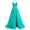 imageTulle Lace Appliques Prom Dresses Long Ball Gown for Women Spaghetti Straps Corset Backless Evening DressTurquoise