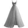 imageTulle Sequin Prom Dresses Long Ball Gown for Women Spaghetti Straps Corset Backless Evening Dress with SlitSilver