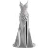 imageV Neck Satin Prom Dresses Long 2025 Mermaid Beaded Formal Dresses Pleated Evening Party Gown with SlitSilver