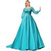 imagehomdor Long Sleeve Prom Dresses Lace Applique Wedding Dress Satin Ball Gown A Line Formal Evening GownsAqua