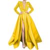 imagehomdor Long Sleeve Sequin Prom Dresses for Women Sparkly Formal Evening Dress Satin Wedding Dress with SlitYellow