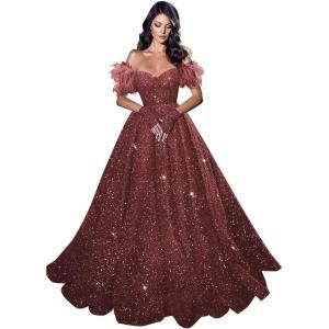 imageFeather Sequin Prom Dresses 2025 Plus Size Ball Gown Sparkly Off Shoulder Quinceanera Dresses for Women FormalBurgundy