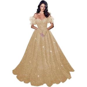 imageFeather Sequin Prom Dresses 2025 Plus Size Ball Gown Sparkly Off Shoulder Quinceanera Dresses for Women FormalChampagne